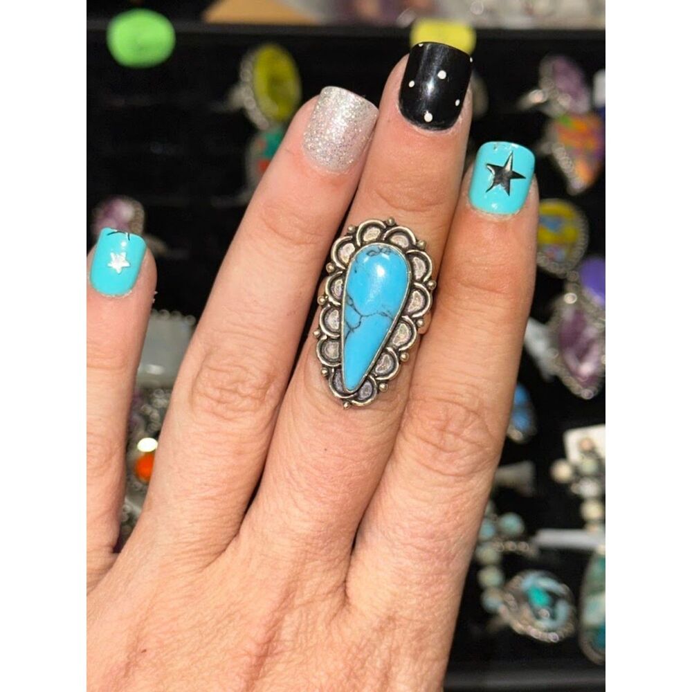 Turquoise Teardrop Sterling Silver Overlay Ring Size 6
